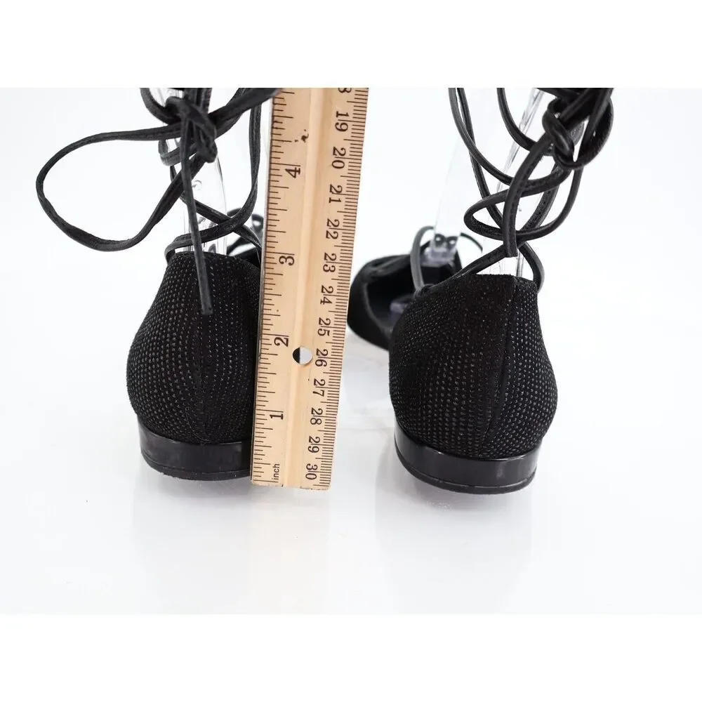 Stuart Weitzman Gilligan Ballet Flats Lace Up Pointed Toe Black Size 6 M Leather